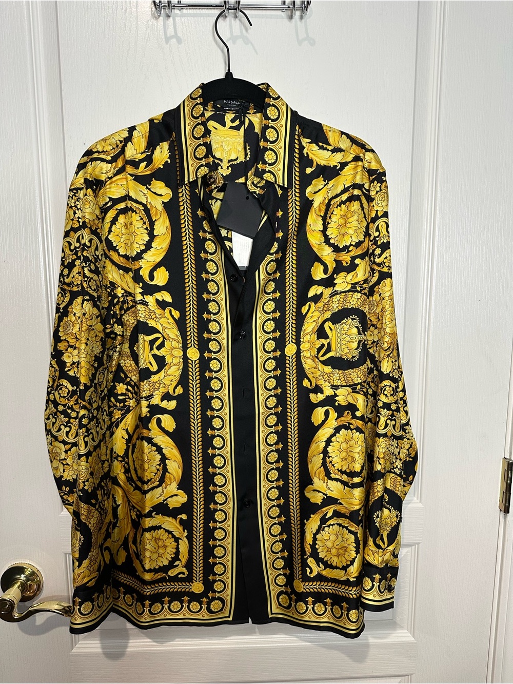 Versace Barocco Print Silk Twill Shirt - Black & Gold - Mens Size 44 (M)